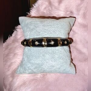 Vintage Gold Tone Black Enamel Rhinestone Hinged Bangel Bracelet